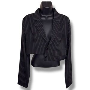 New Medium Cherry Mellow Black White Pinstripe Asymmetrical Blazer Cropped